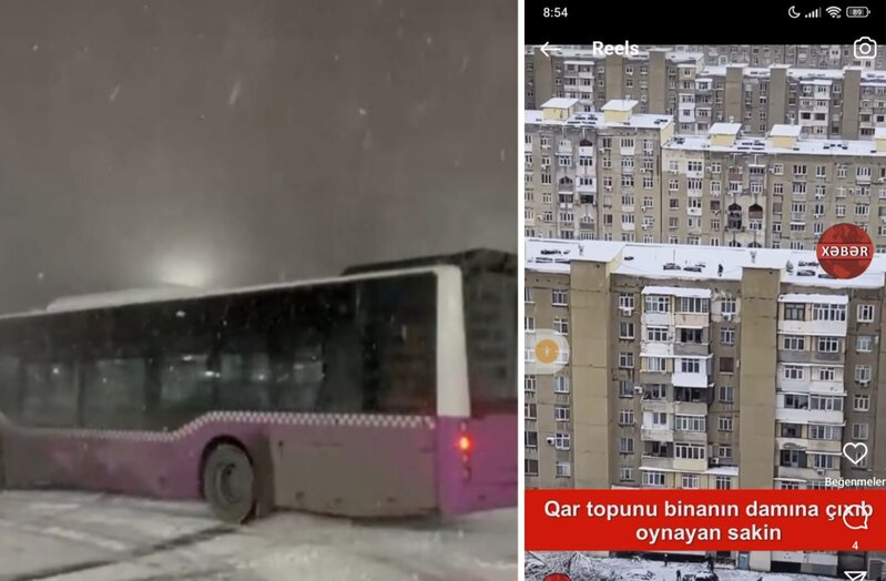 Qarlı havada "avtoş"luq şousu, binanın damından qartopu oyanayan sakin - FOTO+ VİDEO