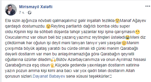 "Manaf Ağayev kişilikdən danışmasın" yazdı, sonra "Manaf qardaşdı, üzr istəyirəm" dedi - VİDEO