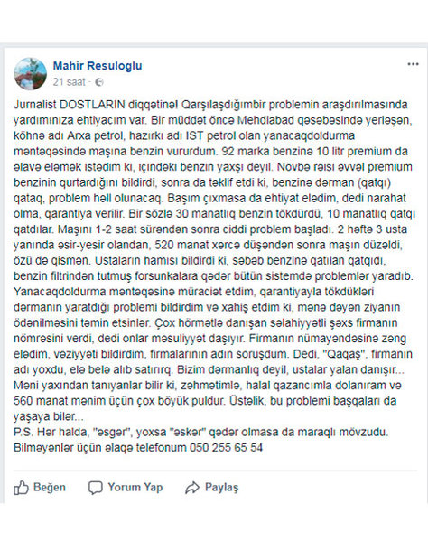 "İST Petrol"da sürücünün başına oyun gəldi - Maşını yararsız vəziyyətə düşdü
