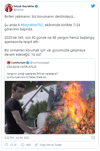 Səlçuk Bayraktardan Türkiyədəki meşə yanğınlarına dair AÇIQLAMA