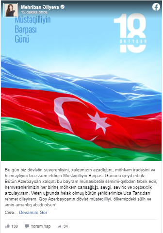 Mehriban Əliyevadan Müstəqilliyin Bərpası Günü ilə bağlı paylaşım - FOTO
