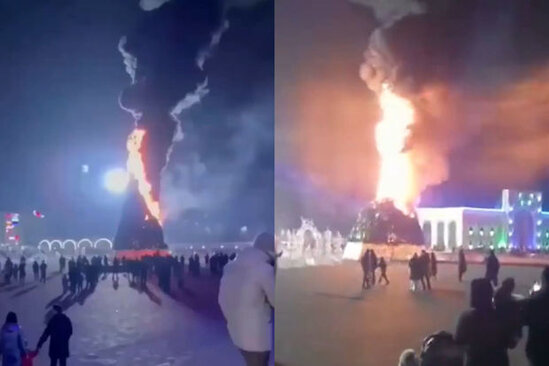 Qazaxıstanda nəhəng yolka bir neçə saniyənin içində tam yandı - VİDEO