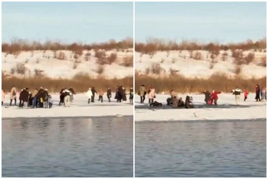Qu quşlarını izləyən bir qrup turist buzlu suya düşdü – VİDEO