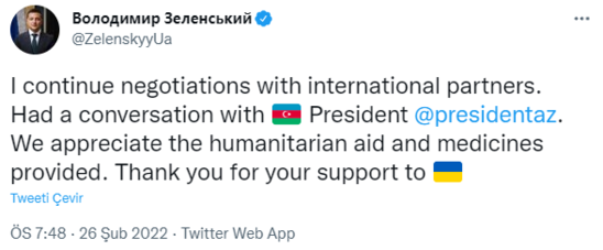 Zelenski İlham Əliyevlə bağlı PAYLAŞIM ETDİ