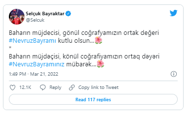 Səlcuq Bayraktardan Azərbaycan dilində Novruz PAYLAŞIMI - FOTO