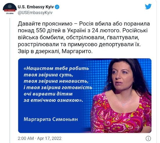 ABŞ-ın Ukraynadakı səfirliyi Marqarita Simonyanı "heyvan" adlandırdı