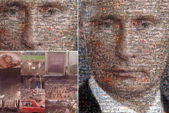 Ukraynada müharibə dəhşətlərinin görüntülərindən Putinin portreti hazırlandı