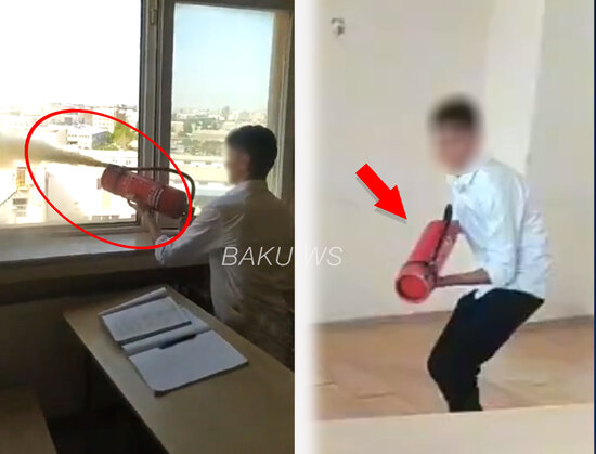 Məktəbdə daha bir BİABIRÇILIQ: Şagird yanğınsöndürən balonla görün nə etdi - VİDEO