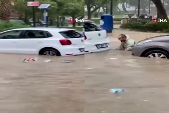 Türkiyədə kişi sel sularına meydan oxudu: Özünü hovuzdakı kimi hiss etdi - VİDEO