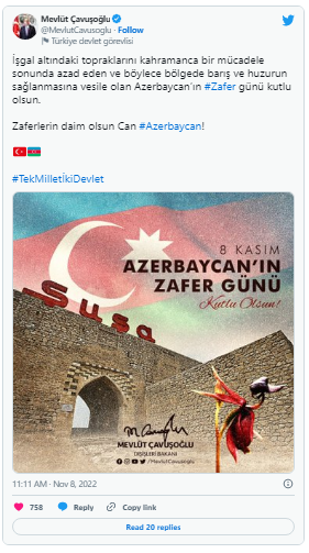 Çavuşoğludan Zəfər Günü paylaşımı: "Qələbələrin əbədi olsun, can Azərbaycan" - FOTO