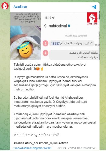 Təbrizdə körpəyə türkcə ad qoyulduğu üçün şəxsiyyət vəsiqəsi verilmir - FOTO