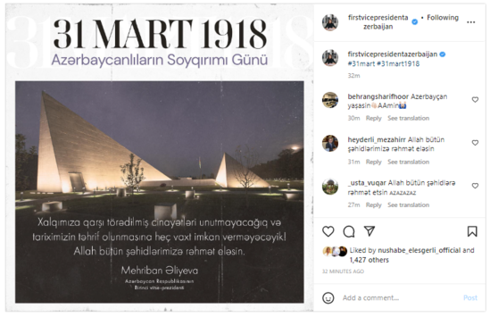 Mehriban Əliyeva 31 Mart – Azərbaycanlıların Soyqırımı Günü ilə bağlı paylaşım edib - FOTO