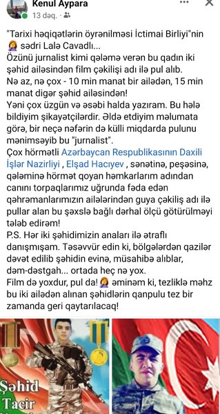 İctimai birliyinin sədri film çəkmək adı ilə şəhid ailələrindən külli miqdarda pul aldı - FOTO