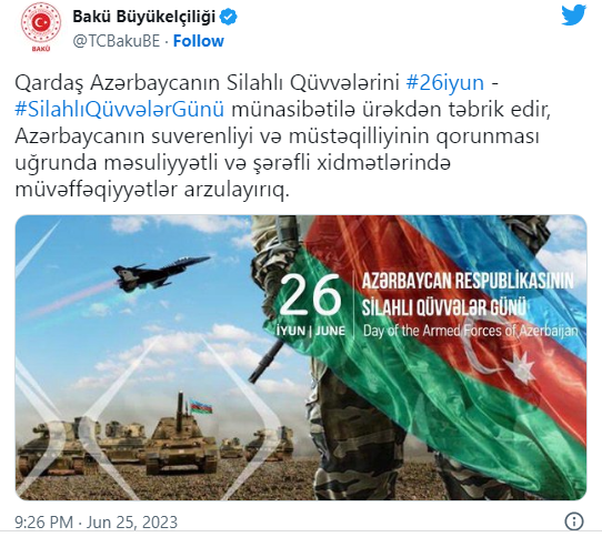 Türkiyə səfirliyi Azərbaycanı Silahlı Qüvvələr Günü münasibətilə təbrik edib - FOTO