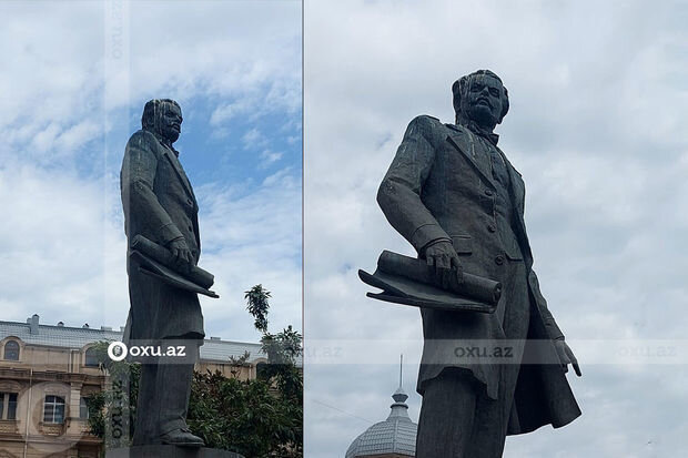 Bakıda baxımsız qalan heykəl yuyularaq təmizləndi - VİDEO