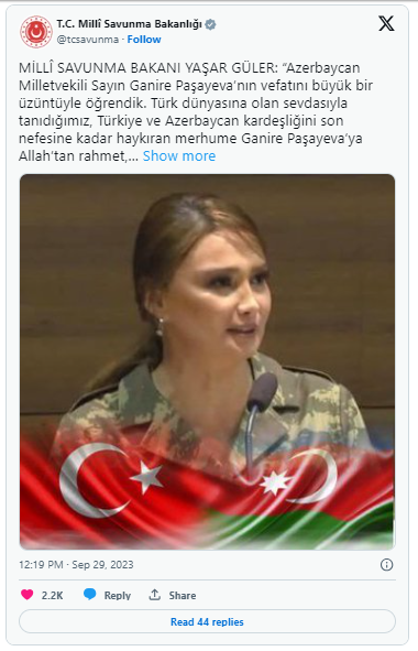 Yaşar Güler Qənirə Paşayevanın vəfatı ilə bağlı başsağlığı verib - FOTO