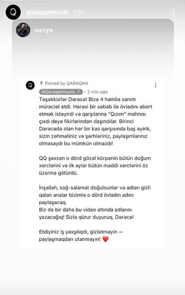Qaraqandan böyük JEST: "Qızım" mahnısını dinləyib abortdan imtina edən 4 qadının bütün xərclərini QARŞILAYACAQ