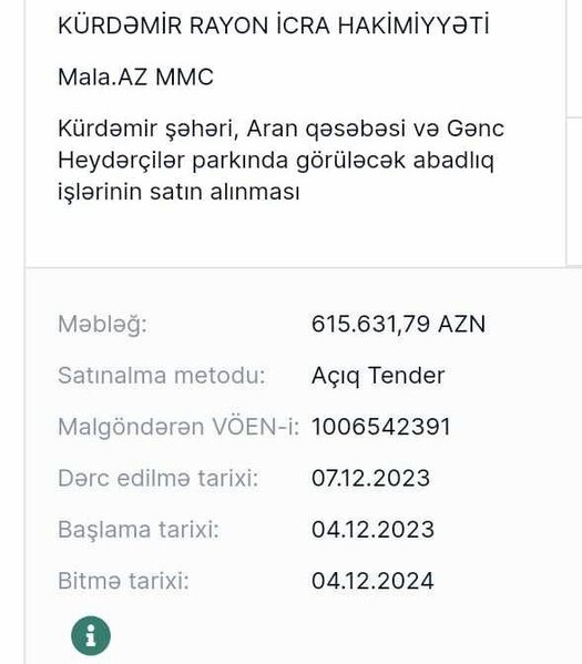 Kürdəmirdə tenderdə milyondan artıq vəsaiti udan "MALA" kimindir?