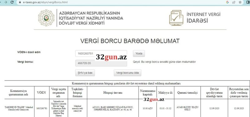 Yarım milyon manat vergi borcu olan "TAKOREND TRADE" MMC məhkəmə qarşısında