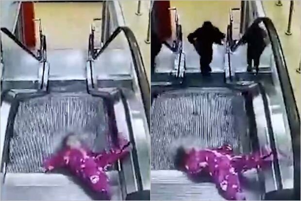 Rusiyada nəzarətsiz qalan uşaq eskalatorda ilişdi: Həyəcanlı anlar - VİDEO