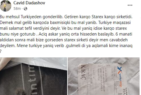 "Starex" karqo şirkətindən ŞİKAYƏT: "Yanıq məhsul göndərdilər" - FOTOLAR