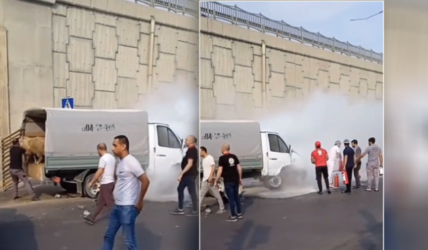 Bakıda xırda buynuzlu heyvanları daşıyan yük maşını divara çırpılıb - VİDEO