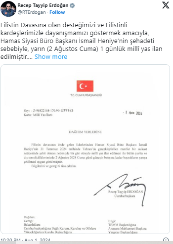 Türkiyədə milli matəm elan edildi