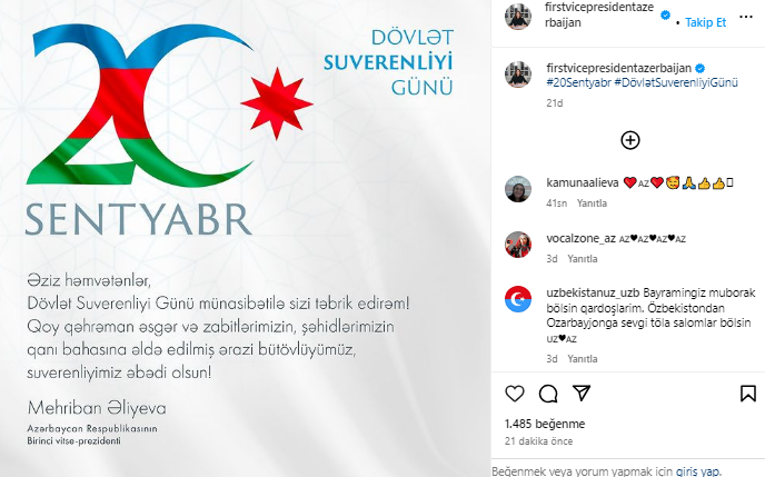 Mehriban Əliyeva Dövlət Suverenliyi Günü münasibəti ilə Azərbaycan xalqını təbrik etdi