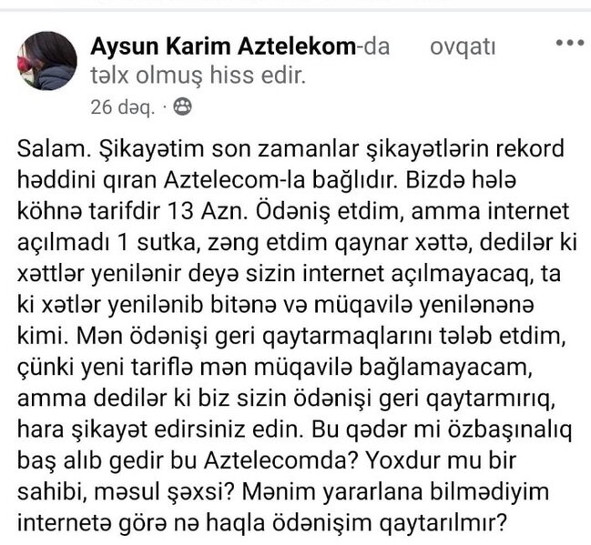 "Aztelecom"da özbaşınalıq baş alıb gedir – Şikayətçi