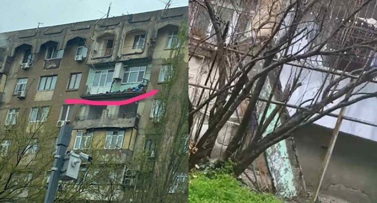 Bakıda binanın balkonu uçdu - VİDEO