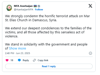 Azərbaycan Suriyaya başsağlığı verib