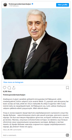 Mehriban Əliyeva Xalq artisti Arif Babayevin vəfatı ilə bağlı başsağlığı verdi