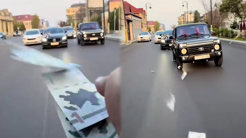 Toy karvanında "avtoş"luq edib yola pul səpdilər (VİDEO)