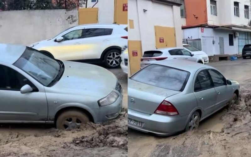 Bakıda binanın həyəti çökdü, maşın çuxura düşdü - Video