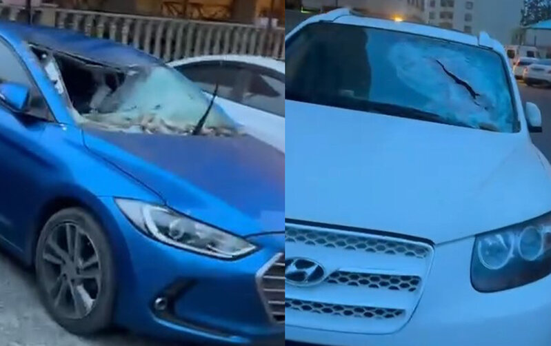 Bakıda binanın fasadı uçaraq maşınları zədələdi - Video