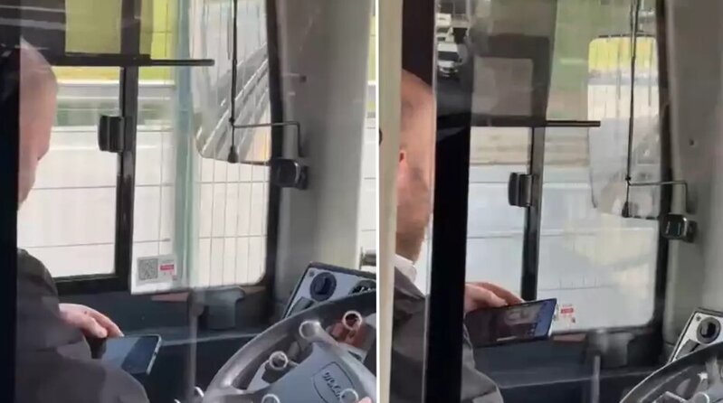 Sükan arxasında telefona baxan avtobus sürücüsü sərnişinləri təhlükəyə atdı - VİDEO