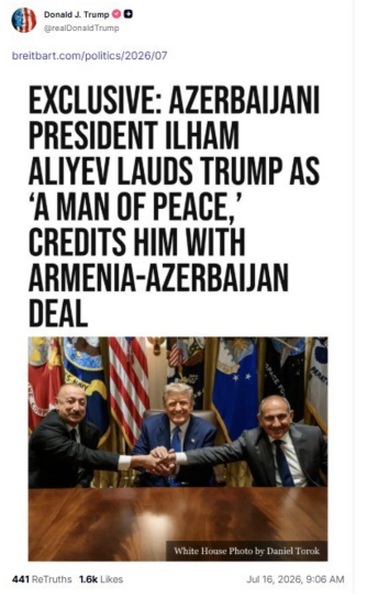 Donald Tramp İlham Əliyevin Şuşa Forumundakı çıxışı ilə bağlı paylaşım etdi - FOTO