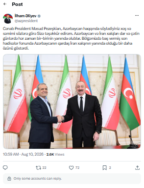 İlham Əliyev Məsud Pezeşkiana təşəkkür etdi - FOTO