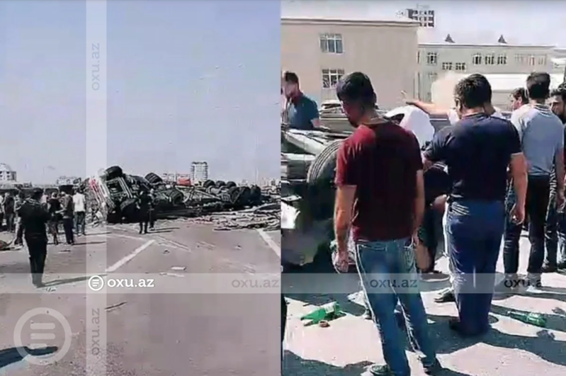 Bakı-Sumqayıt yolunda TIR avtomobilin üzərinə aşdı - VİDEO