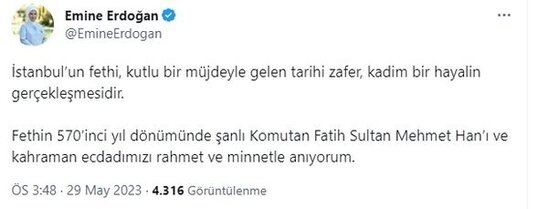 Əminə Ərdoğan İstanbulun fəthi ilə bağlı paylaşım edib