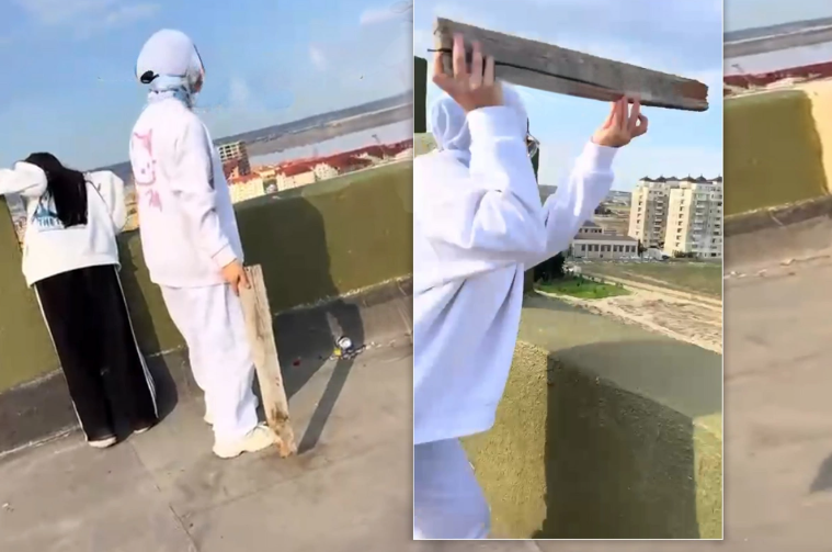 14 yaşlı qızlar binanın damından aşağı şüşə və taxta parçaları atdılar - ANBAAN GÖRÜNTÜLƏR