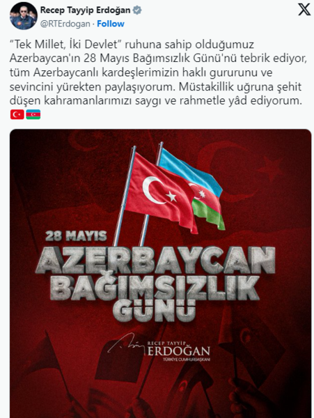 Ərdoğan Azərbaycan xalqını təbrik etdi