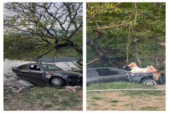 Azərbaycanda maşını göldə batırıb klip çəkdilər - FOTO