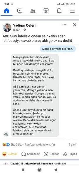 İstifadəçi ABB süni intellektindən şeir yazmasını istədi! Görün nə cavab verdi - FOTO