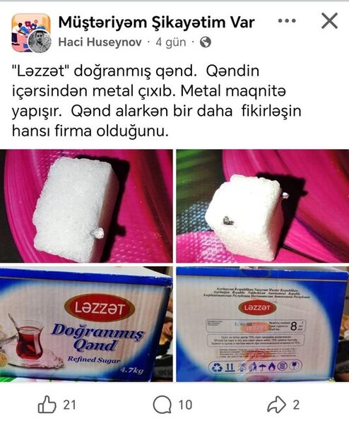 "Ləzzət" doğranmış qənddən dəmir çıxdı