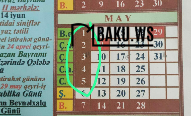 DİQQƏT! May ayında 7 gün ardıcıl dərs olmayacaq - TƏQVİM