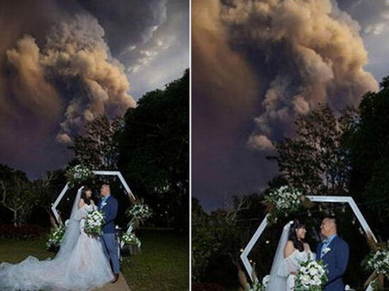Püskürən vulkanın altında evləndilər - VİDEO