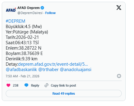Türkiyə səhəri zəlzələ ilə açdı: Malatya silkələndi