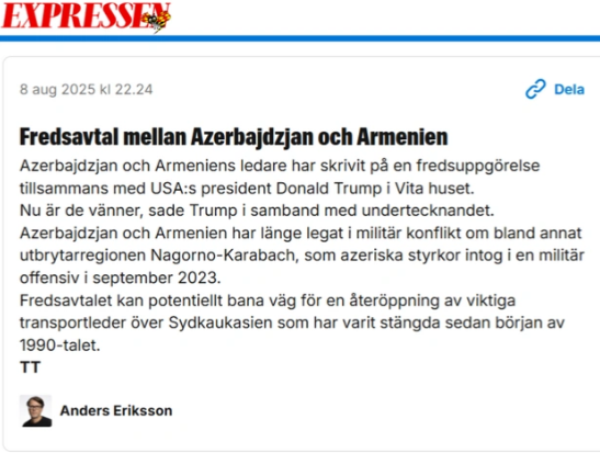 İsveç mətbuatı Azərbaycan və Ermənistan liderlərinin Donald Tramp ilə görüşündən yazıb
