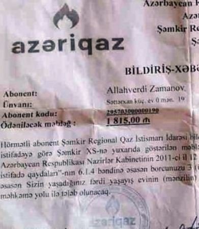 Vətəndaş 1600 manatlıq qaz pulu borcunu görüb şok keçirdi - Azərbaycanda